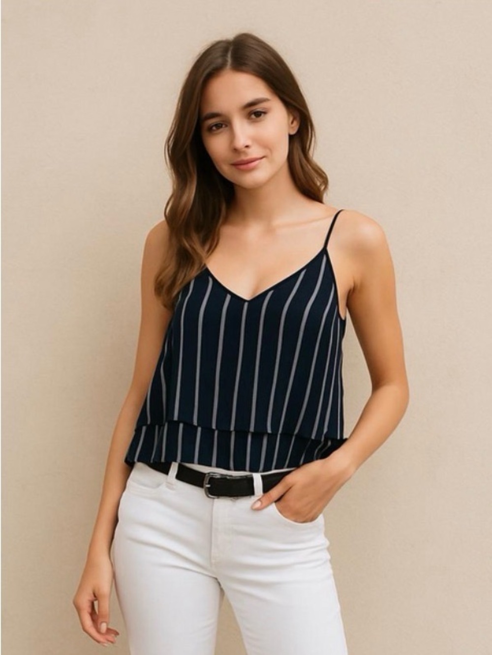 BP Striped, Layered, Tie Tank Blouse, Black, White, Size XS